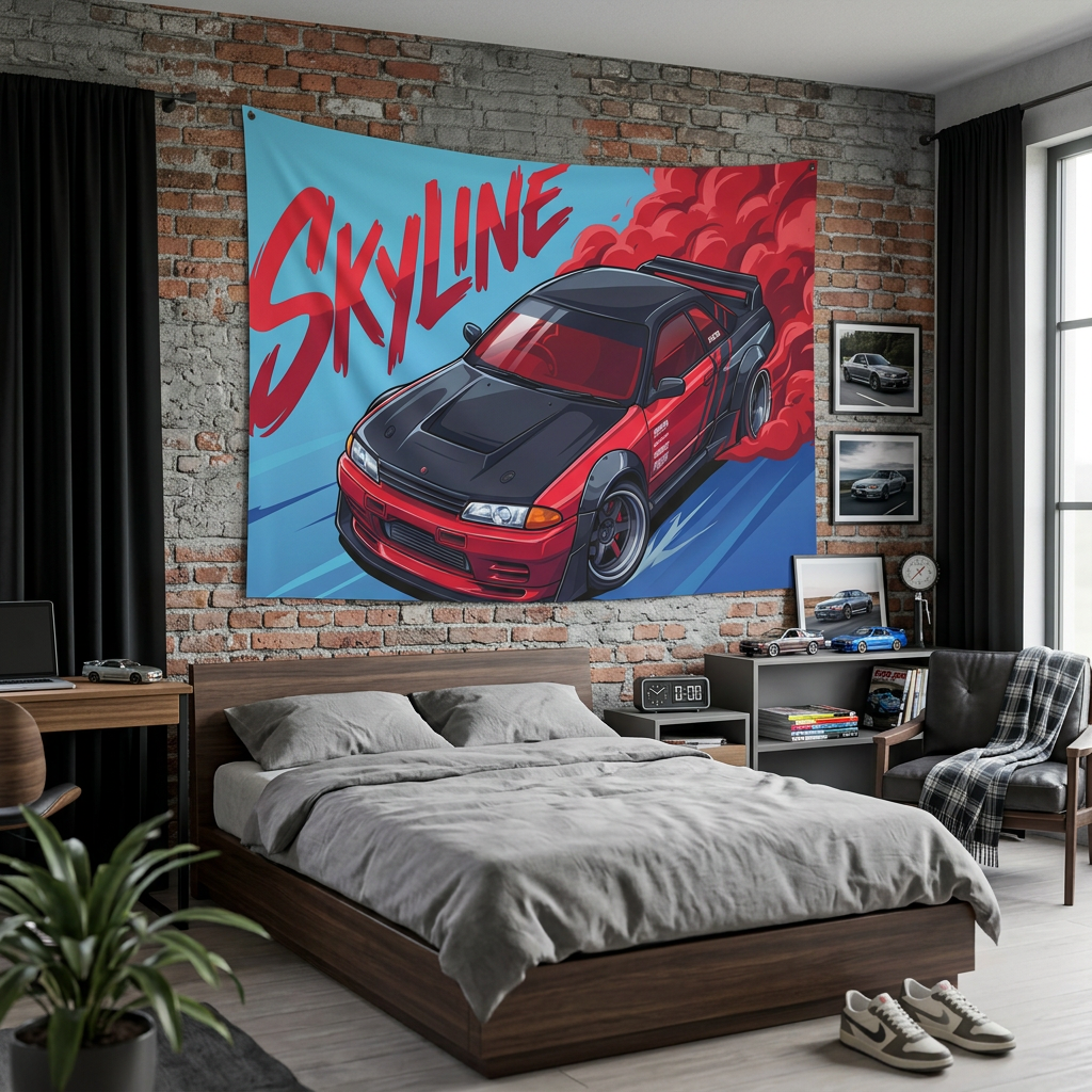 Nissan Skyline GT-R R32 Red Widebody Aerial Bold Graphic Car Wall Art Tapestry
