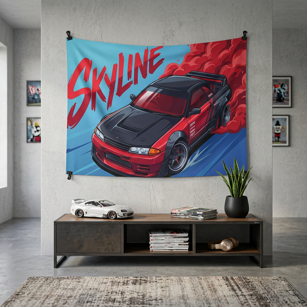 Nissan Skyline GT-R R32 Red Widebody Aerial Bold Graphic Car Wall Art Tapestry
