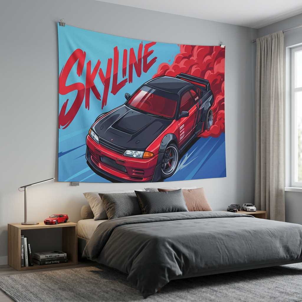 Nissan Skyline GT-R R32 Red Widebody Aerial Bold Graphic Car Wall Art Tapestry