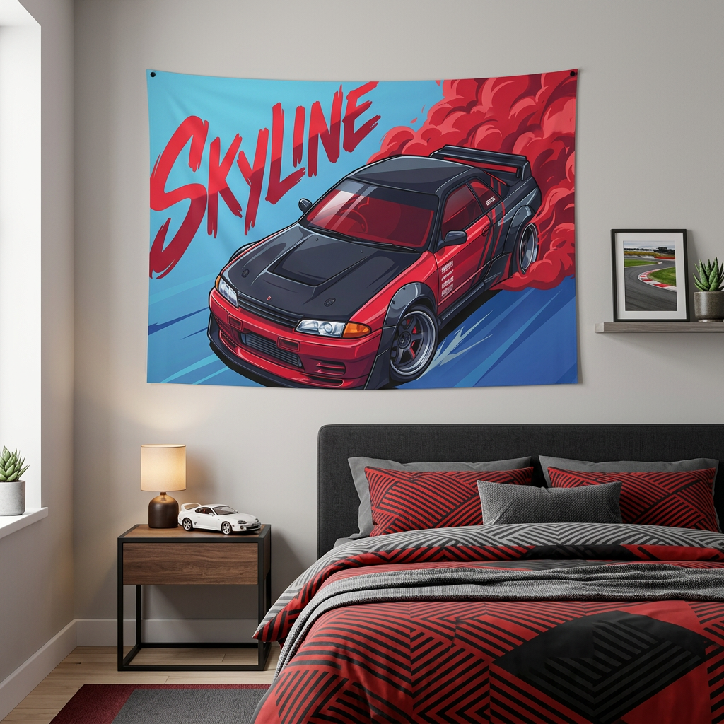 Nissan Skyline GT-R R32 Red Widebody Aerial Bold Graphic Car Wall Art Tapestry