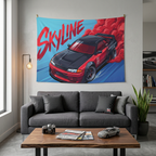 Nissan Skyline GT-R R32 Red Widebody Aerial Bold Graphic Car Wall Art Tapestry