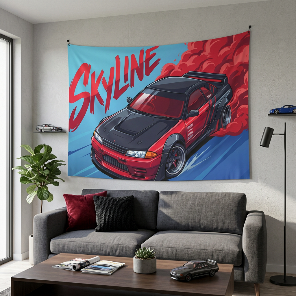 Nissan Skyline GT-R R32 Red Widebody Aerial Bold Graphic Car Wall Art Tapestry