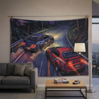 Nissan Skyline GT-R R34 & Toyota Supra MK4 JDM Touge Car Wall Art Tapestry