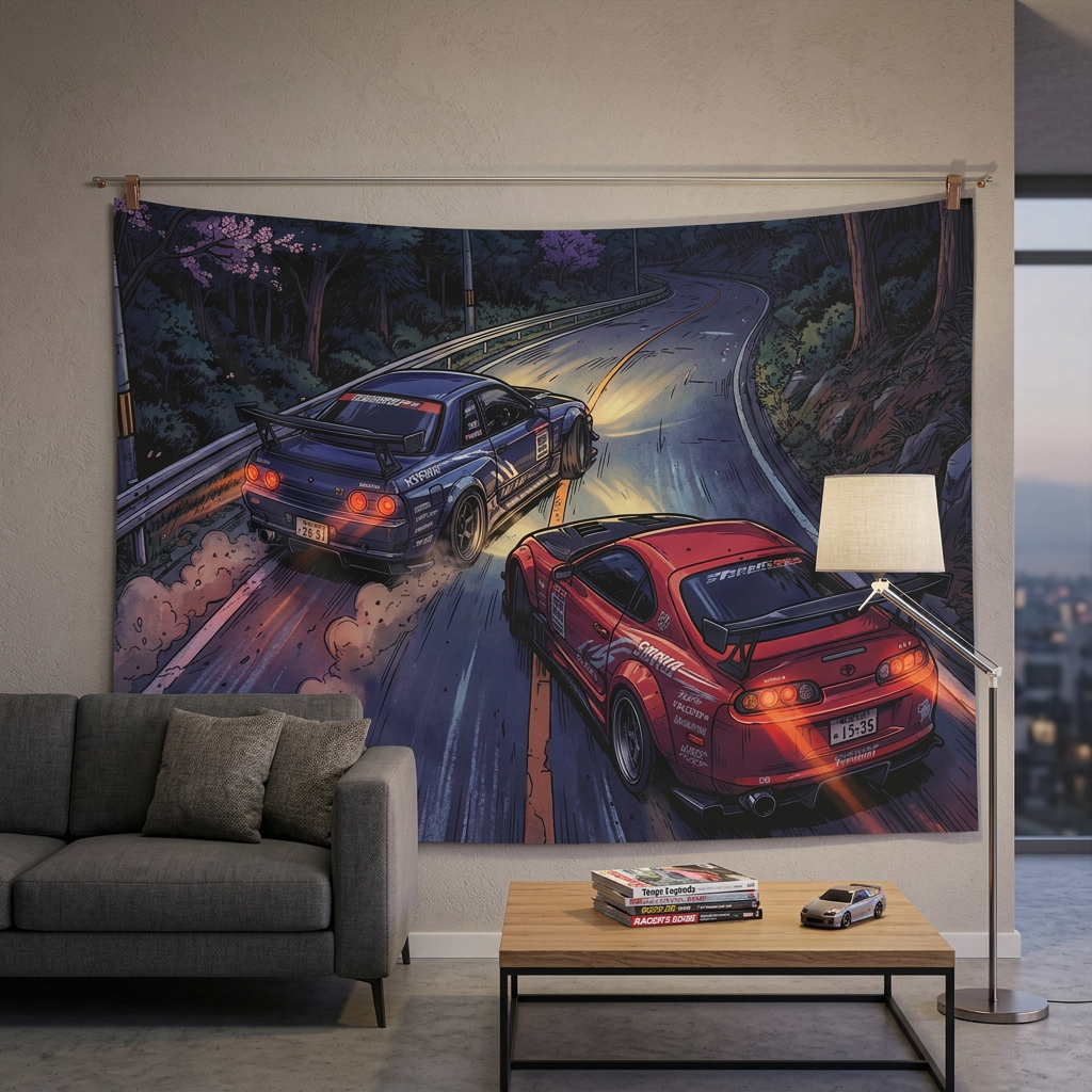Nissan Skyline GT-R R34 & Toyota Supra MK4 JDM Touge Car Wall Art Tapestry