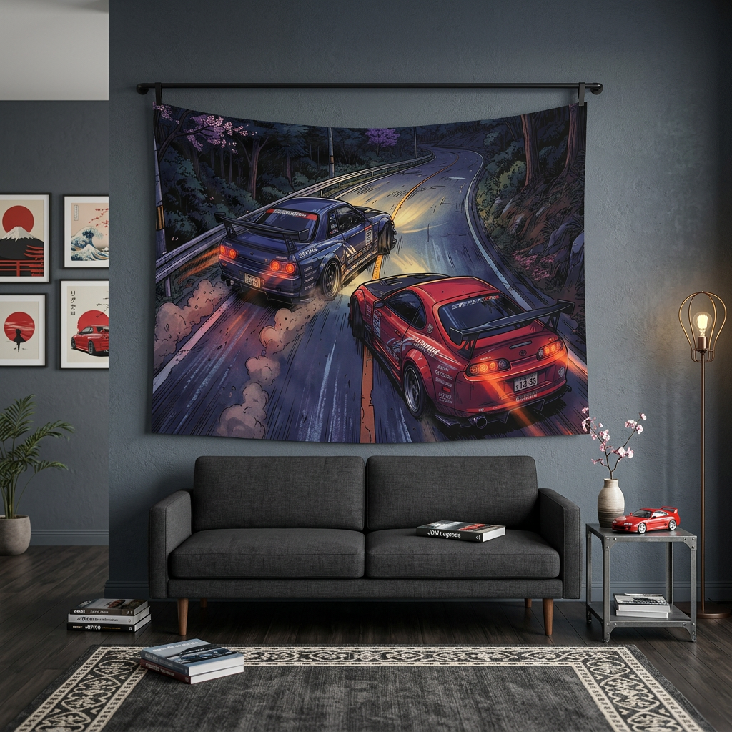 Nissan Skyline GT-R R34 & Toyota Supra MK4 JDM Touge Car Wall Art Tapestry
