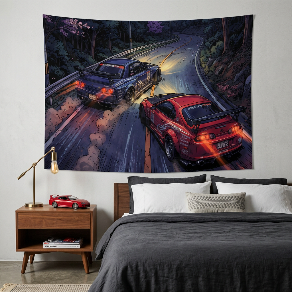Nissan Skyline GT-R R34 & Toyota Supra MK4 JDM Touge Car Wall Art Tapestry