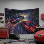 Nissan Skyline GT-R R34 & Toyota Supra MK4 JDM Touge Car Wall Art Tapestry