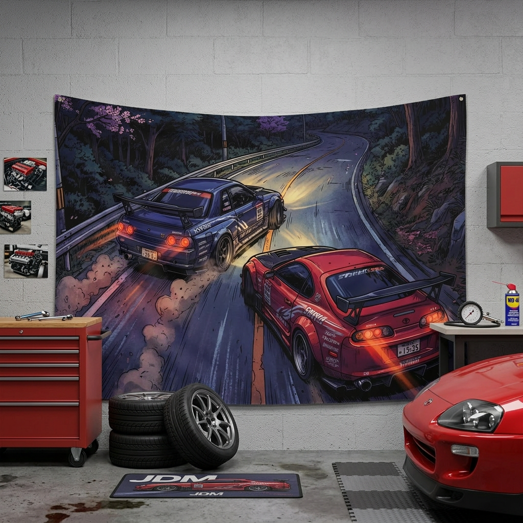 Nissan Skyline GT-R R34 & Toyota Supra MK4 JDM Touge Car Wall Art Tapestry