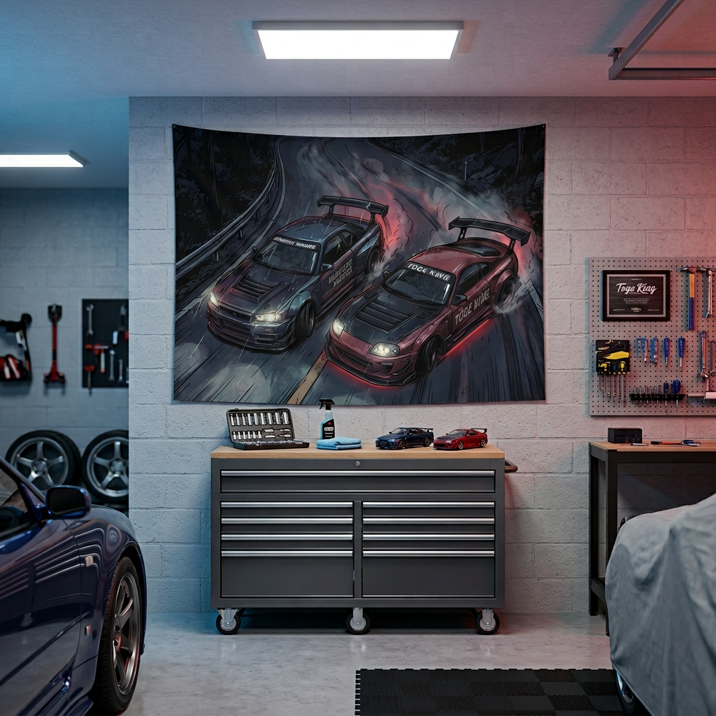 Nissan Skyline GT-R R34 & Toyota Supra MK4 JDM Touge Car Wall Art Tapestry