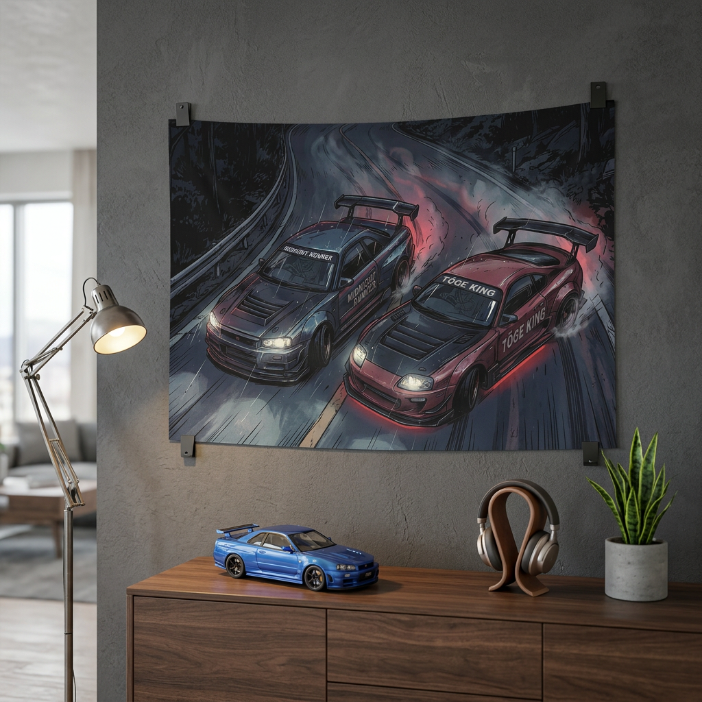 Nissan Skyline GT-R R34 & Toyota Supra MK4 JDM Touge Car Wall Art Tapestry