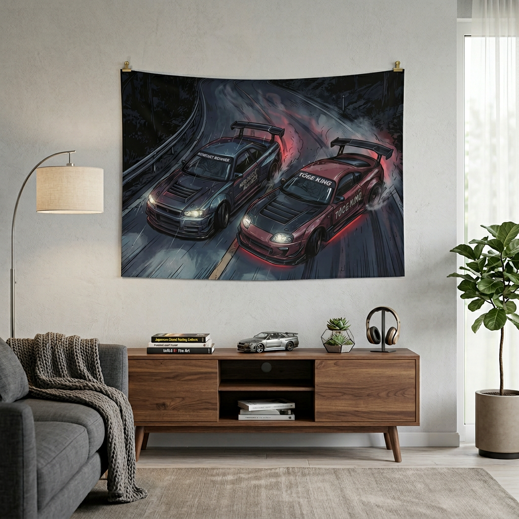 Nissan Skyline GT-R R34 & Toyota Supra MK4 JDM Touge Car Wall Art Tapestry