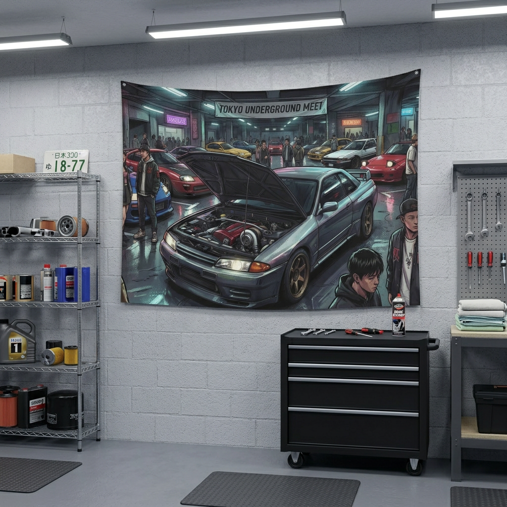 Nissan Skyline R32 GT-R Tokyo Underground Meet JDM Scene Car Wall Art Tapestry