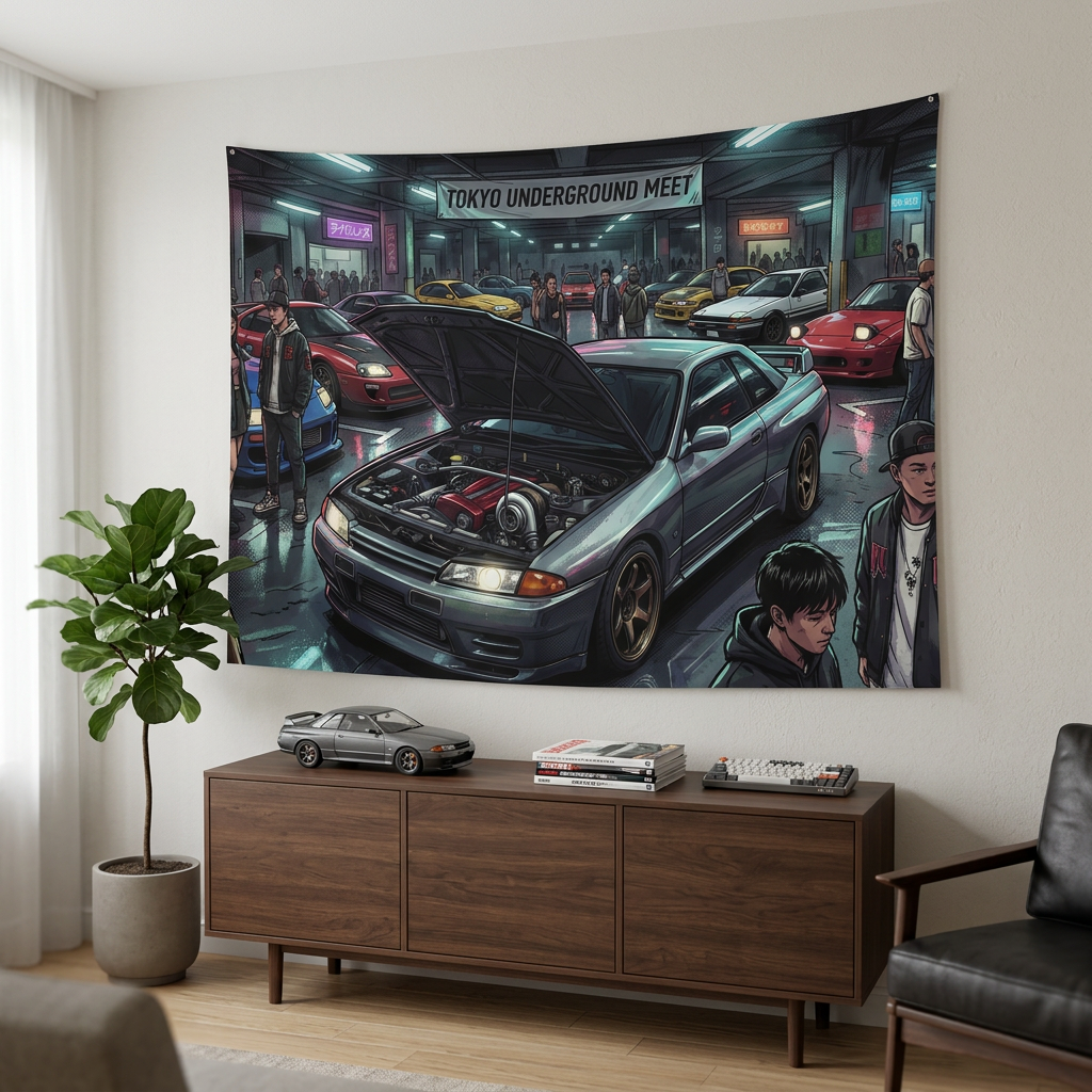 Nissan Skyline R32 GT-R Tokyo Underground Meet JDM Scene Car Wall Art Tapestry