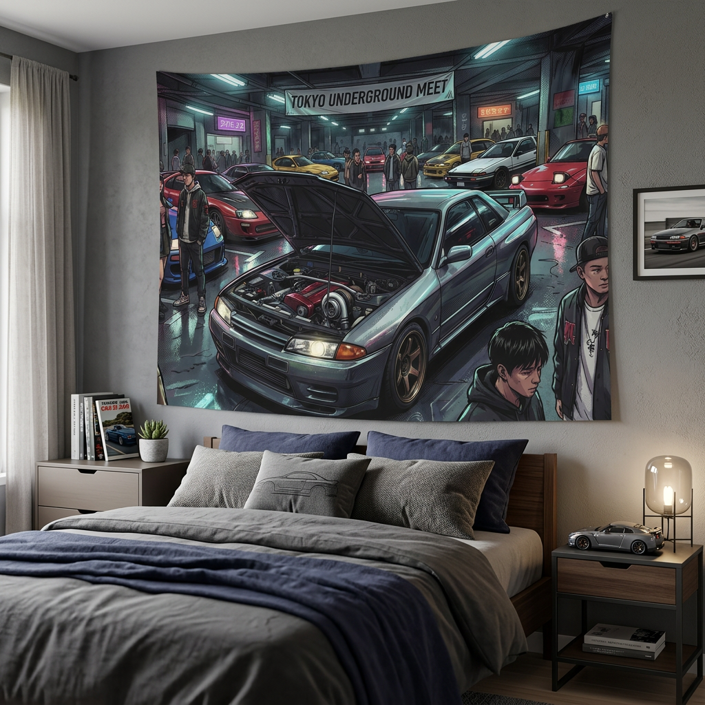 Nissan Skyline R32 GT-R Tokyo Underground Meet JDM Scene Car Wall Art Tapestry