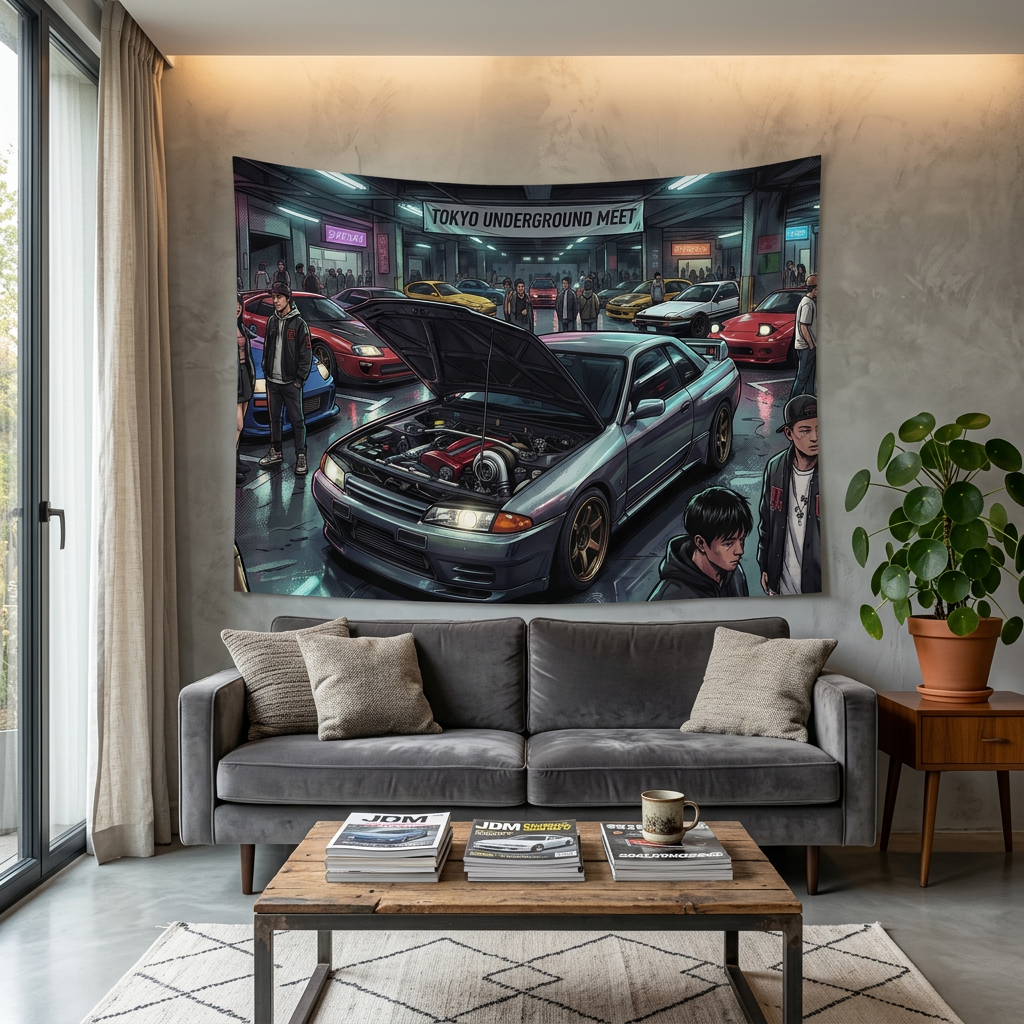 Nissan Skyline R32 GT-R Tokyo Underground Meet JDM Scene Car Wall Art Tapestry