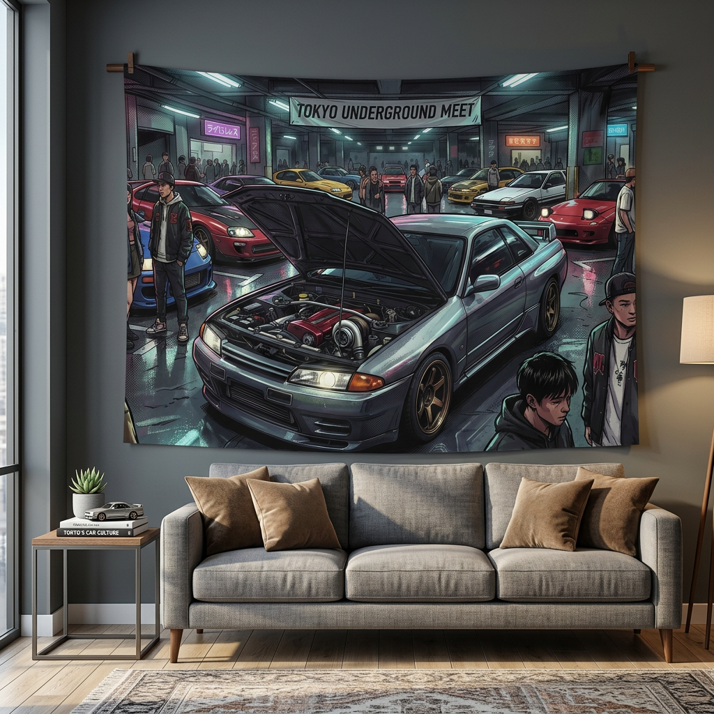 Nissan Skyline R32 GT-R Tokyo Underground Meet JDM Scene Car Wall Art Tapestry