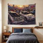Nissan Skyline R32 GT-R and Toyota Supra MK4 JDM Legends Car Meet Wall Art Tapestry