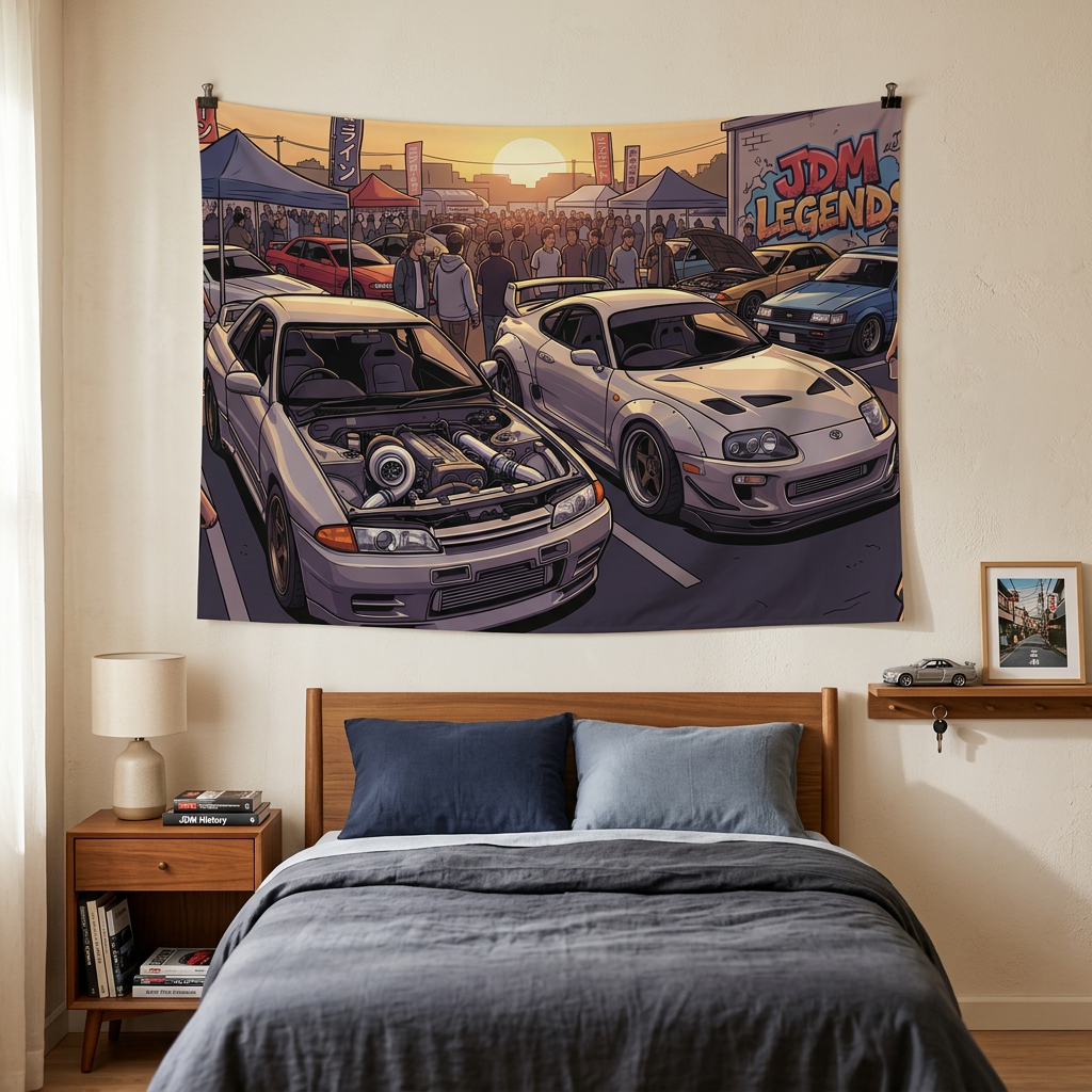 Nissan Skyline R32 GT-R and Toyota Supra MK4 JDM Legends Car Meet Wall Art Tapestry