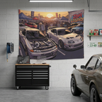 Nissan Skyline R32 GT-R and Toyota Supra MK4 JDM Legends Car Meet Wall Art Tapestry