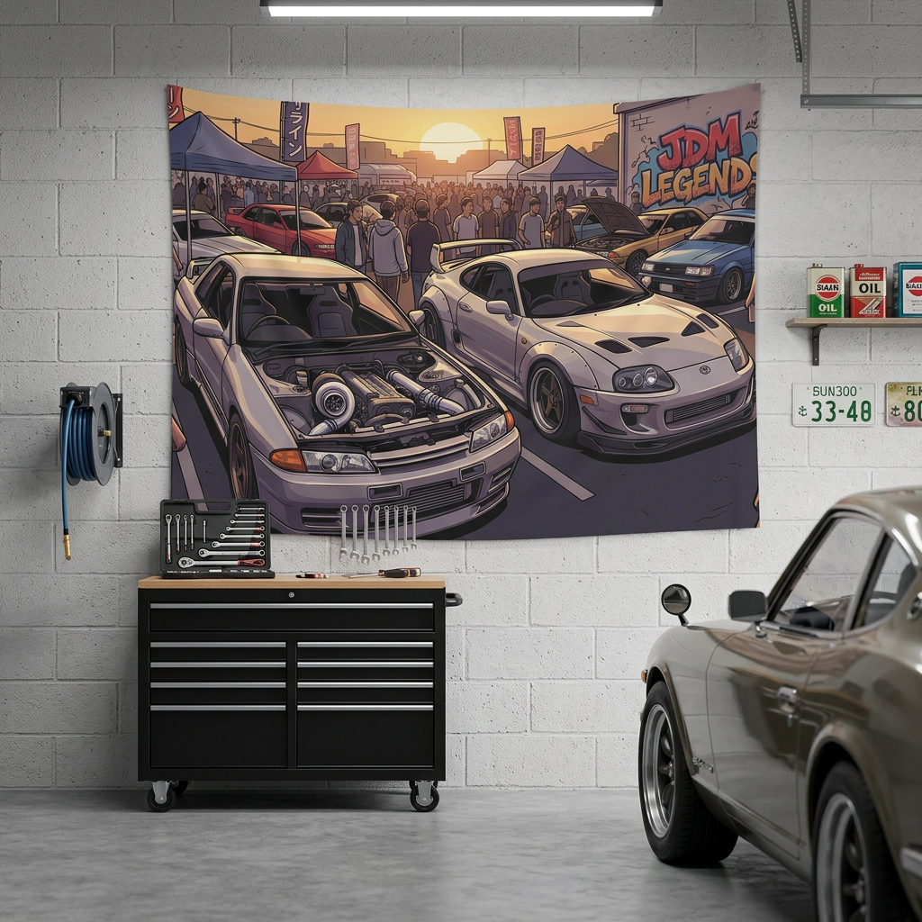 Nissan Skyline R32 GT-R and Toyota Supra MK4 JDM Legends Car Meet Wall Art Tapestry