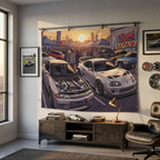 Nissan Skyline R32 GT-R and Toyota Supra MK4 JDM Legends Car Meet Wall Art Tapestry