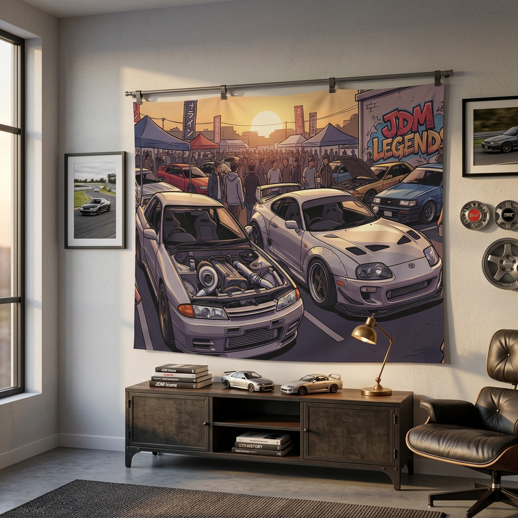Nissan Skyline R32 GT-R and Toyota Supra MK4 JDM Legends Car Meet Wall Art Tapestry