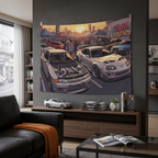 Nissan Skyline R32 GT-R and Toyota Supra MK4 JDM Legends Car Meet Wall Art Tapestry