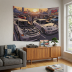 Nissan Skyline R32 GT-R and Toyota Supra MK4 JDM Legends Car Meet Wall Art Tapestry