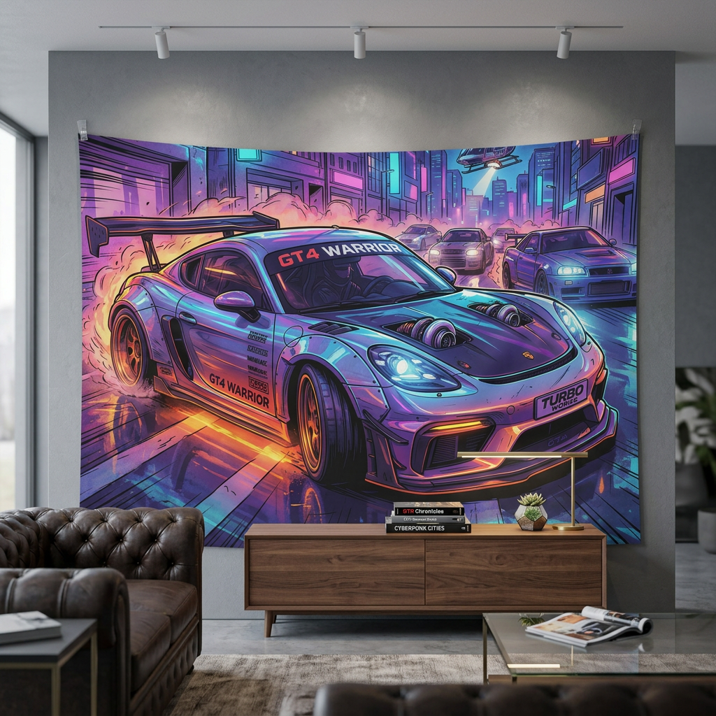 Porsche 718 Cayman GT4 Cyberpunk Neon Car Wall Art Tapestry