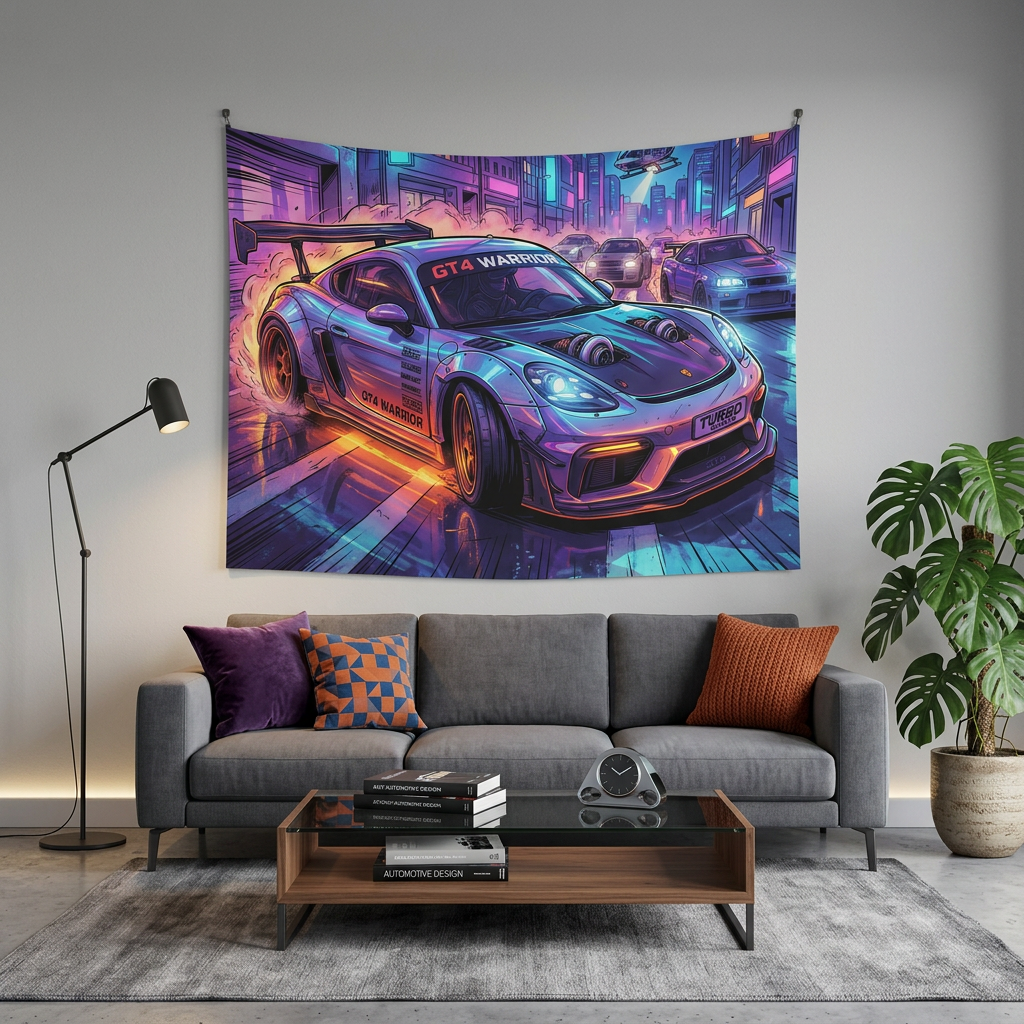 Porsche 718 Cayman GT4 Cyberpunk Neon Car Wall Art Tapestry