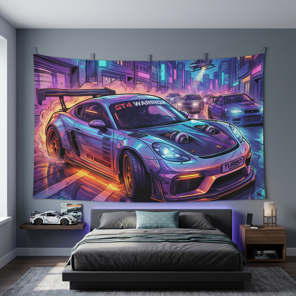 Porsche 718 Cayman GT4 Cyberpunk Neon Car Wall Art Tapestry
