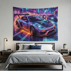 Porsche 718 Cayman GT4 Cyberpunk Neon Car Wall Art Tapestry
