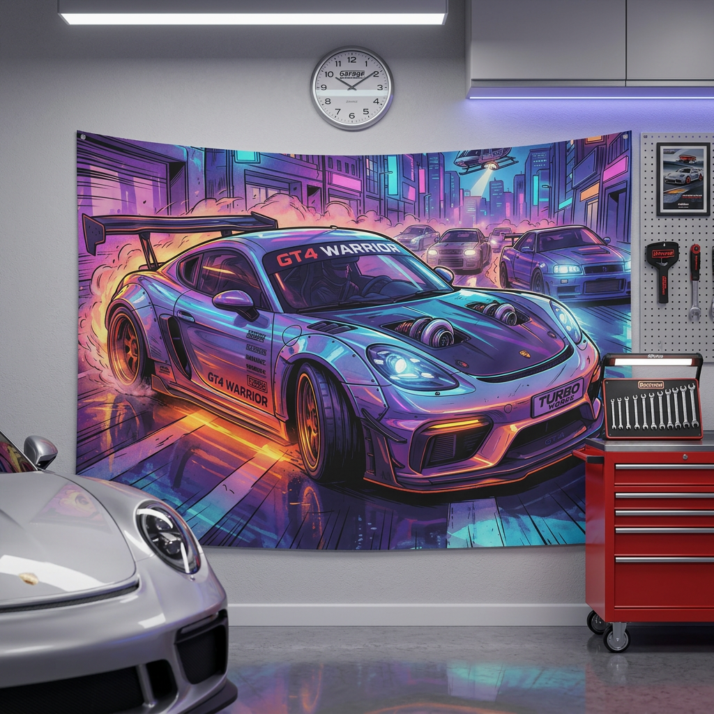 Porsche 718 Cayman GT4 Cyberpunk Neon Car Wall Art Tapestry