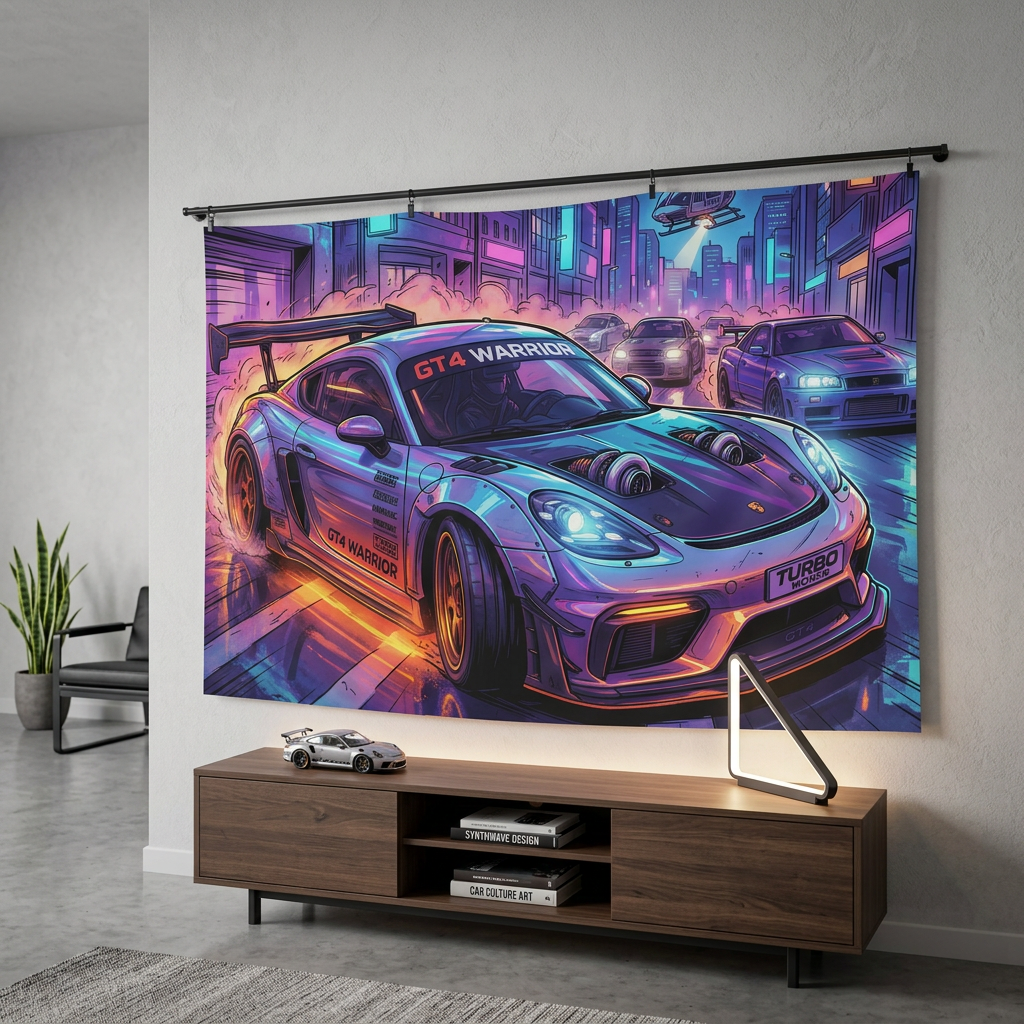 Porsche 718 Cayman GT4 Cyberpunk Neon Car Wall Art Tapestry