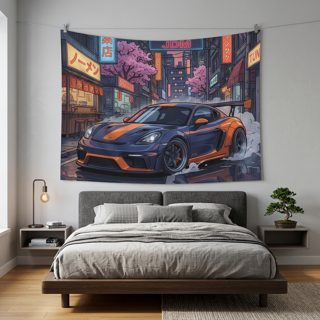 Porsche 718 Cayman GT4 JDM Neon Car Wall Art Tapestry