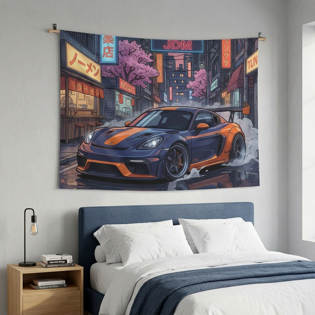 Porsche 718 Cayman GT4 JDM Neon Car Wall Art Tapestry