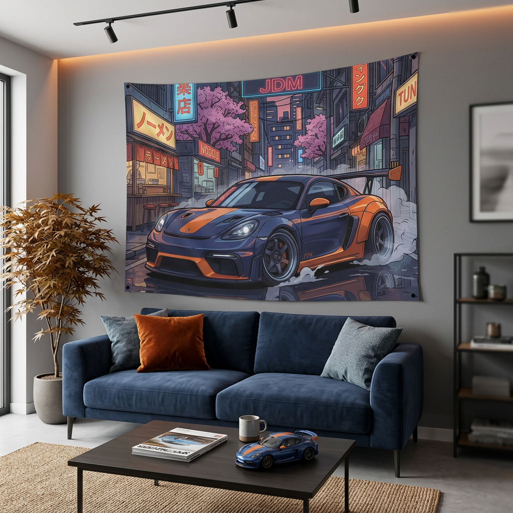 Porsche 718 Cayman GT4 JDM Neon Car Wall Art Tapestry