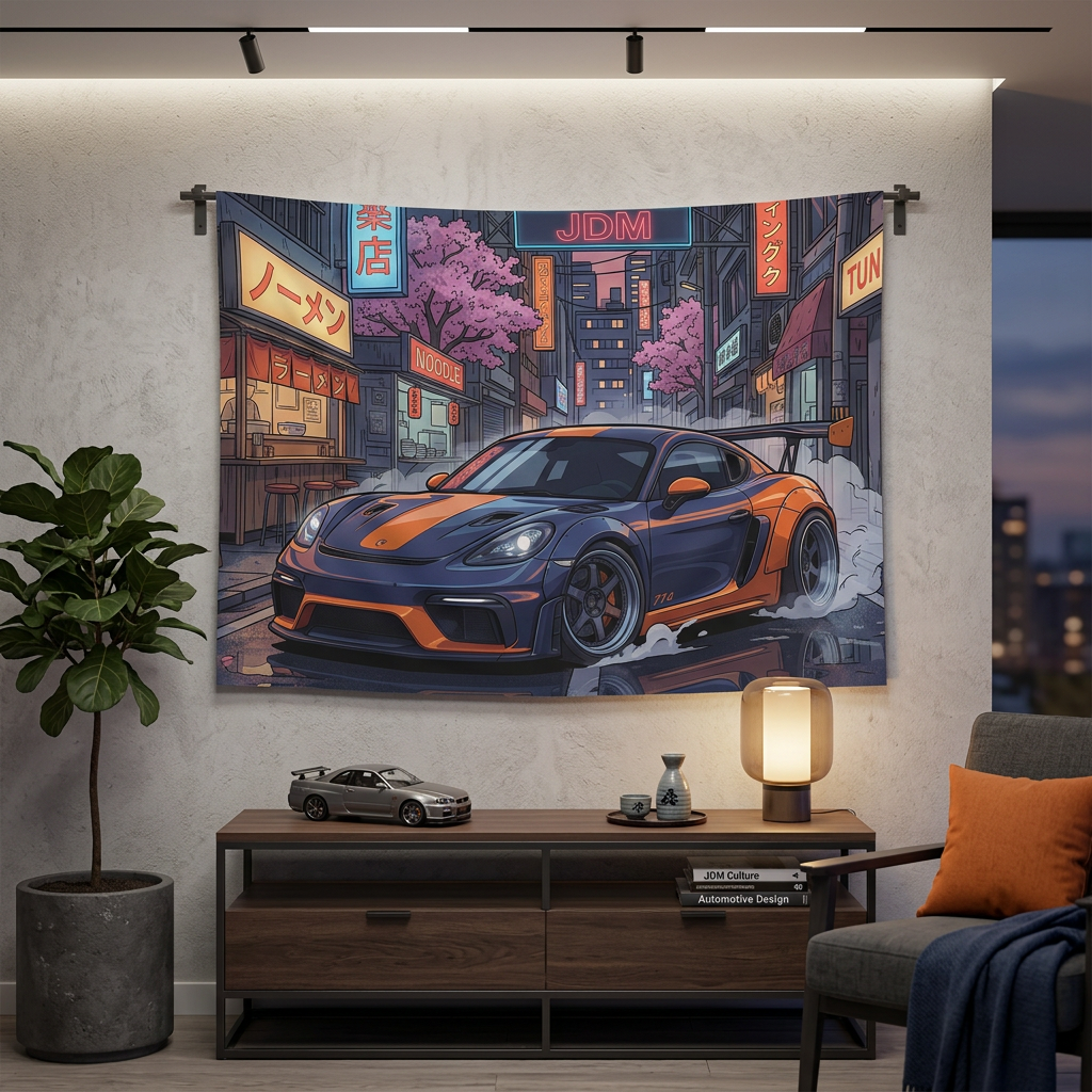 Porsche 718 Cayman GT4 JDM Neon Car Wall Art Tapestry