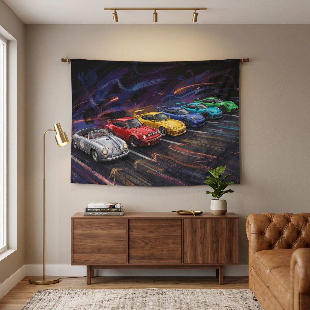 Porsche 911 Generations Neon Heritage Car Wall Art Tapestry