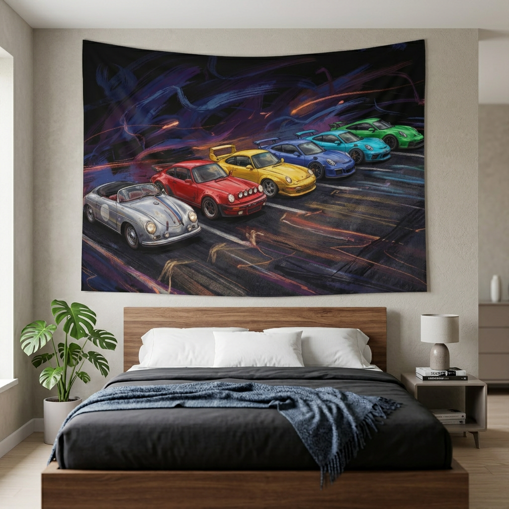 Porsche 911 Generations Neon Heritage Car Wall Art Tapestry