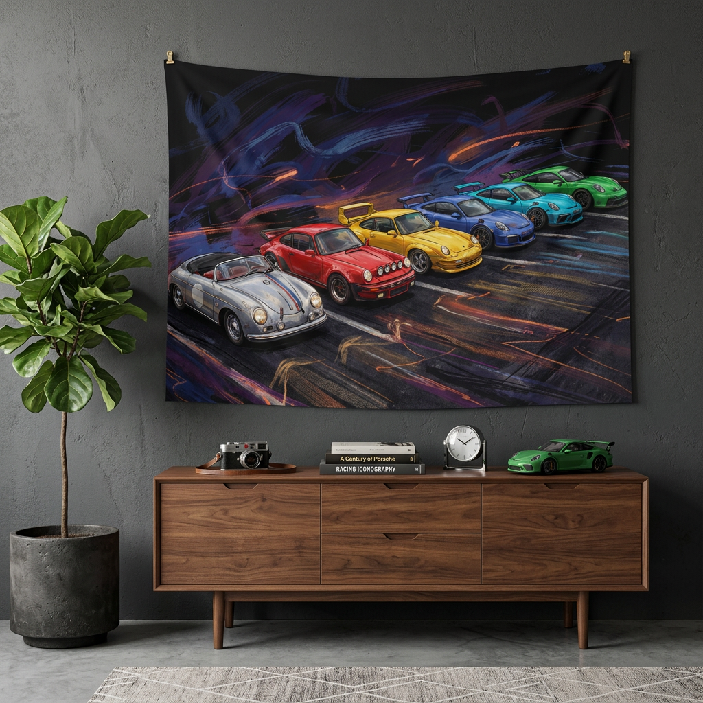 Porsche 911 Generations Neon Heritage Car Wall Art Tapestry