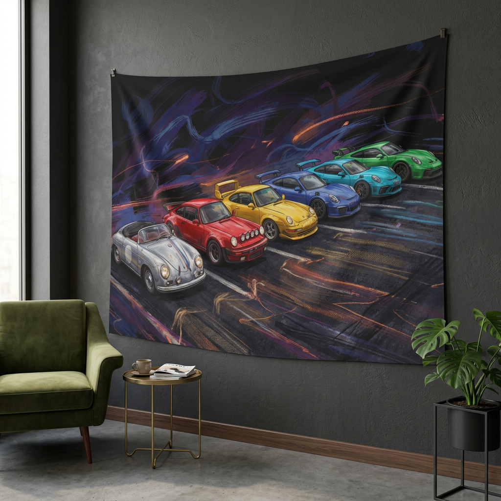 Porsche 911 Generations Neon Heritage Car Wall Art Tapestry