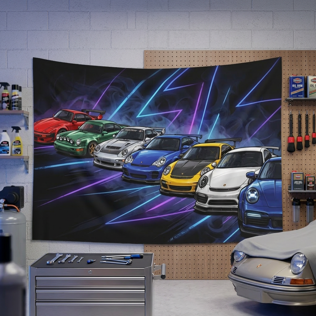 Porsche 911 Generations Neon Car Wall Art Tapestry