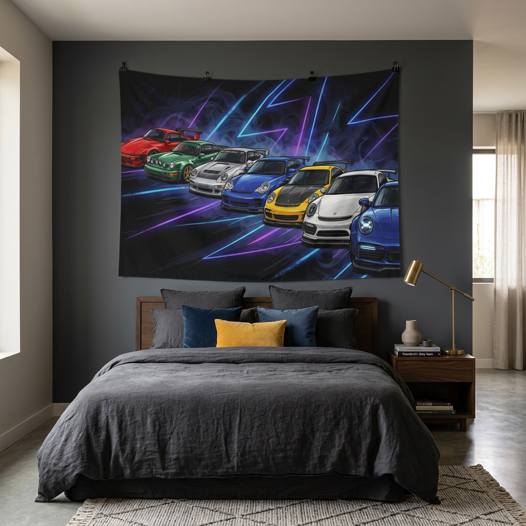 Porsche 911 Generations Neon Car Wall Art Tapestry