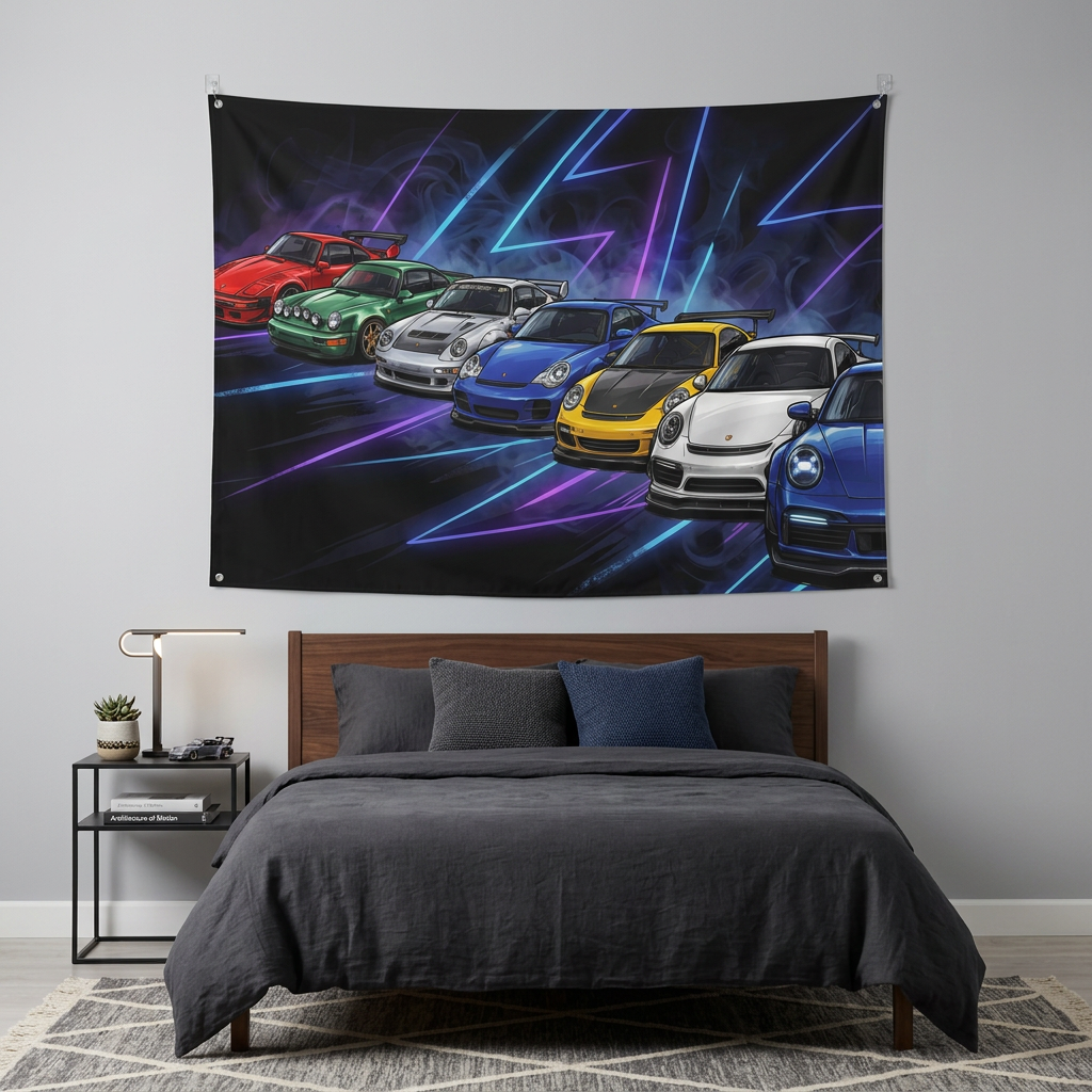 Porsche 911 Generations Neon Car Wall Art Tapestry