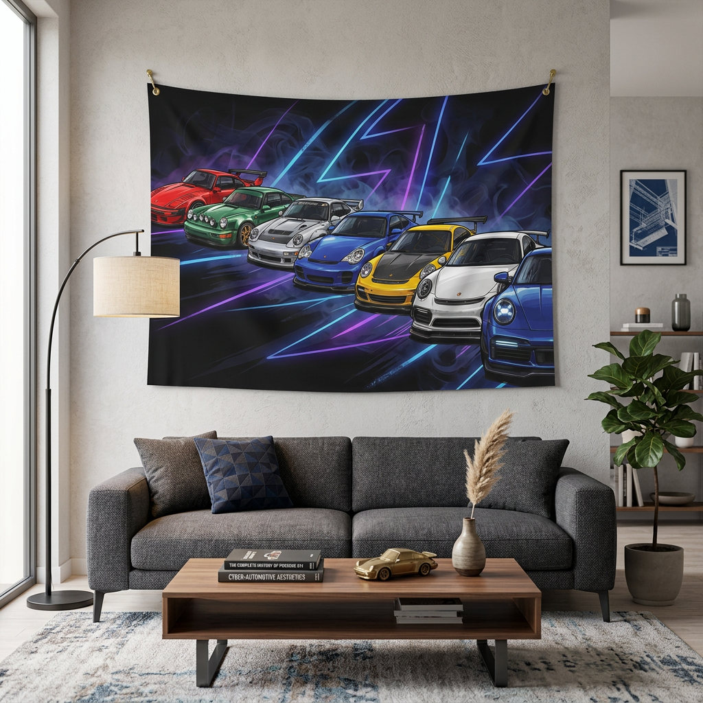 Porsche 911 Generations Neon Car Wall Art Tapestry