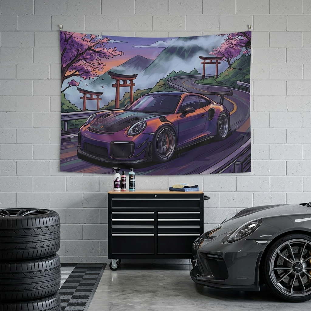 Porsche 911 GT2 RS JDM Mountain Car Wall Art Tapestry