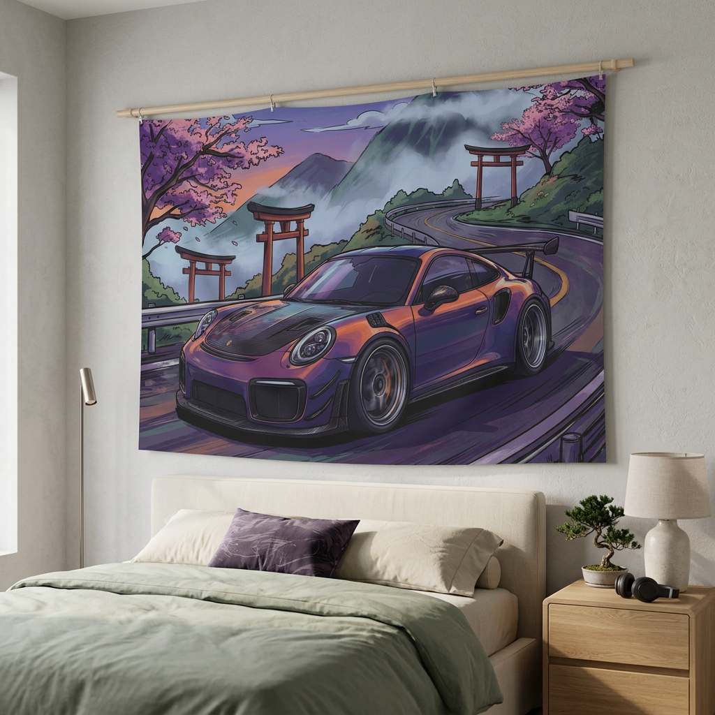 Porsche 911 GT2 RS JDM Mountain Car Wall Art Tapestry