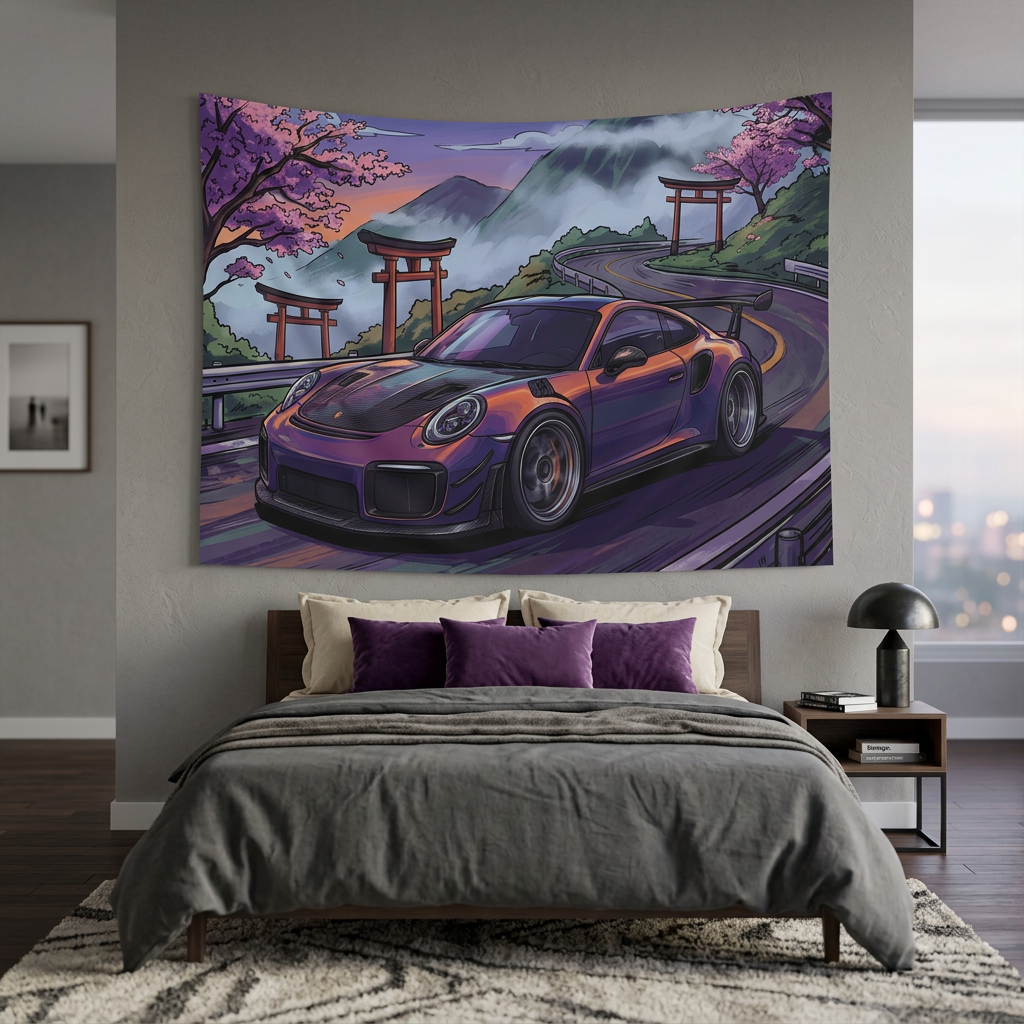 Porsche 911 GT2 RS JDM Mountain Car Wall Art Tapestry