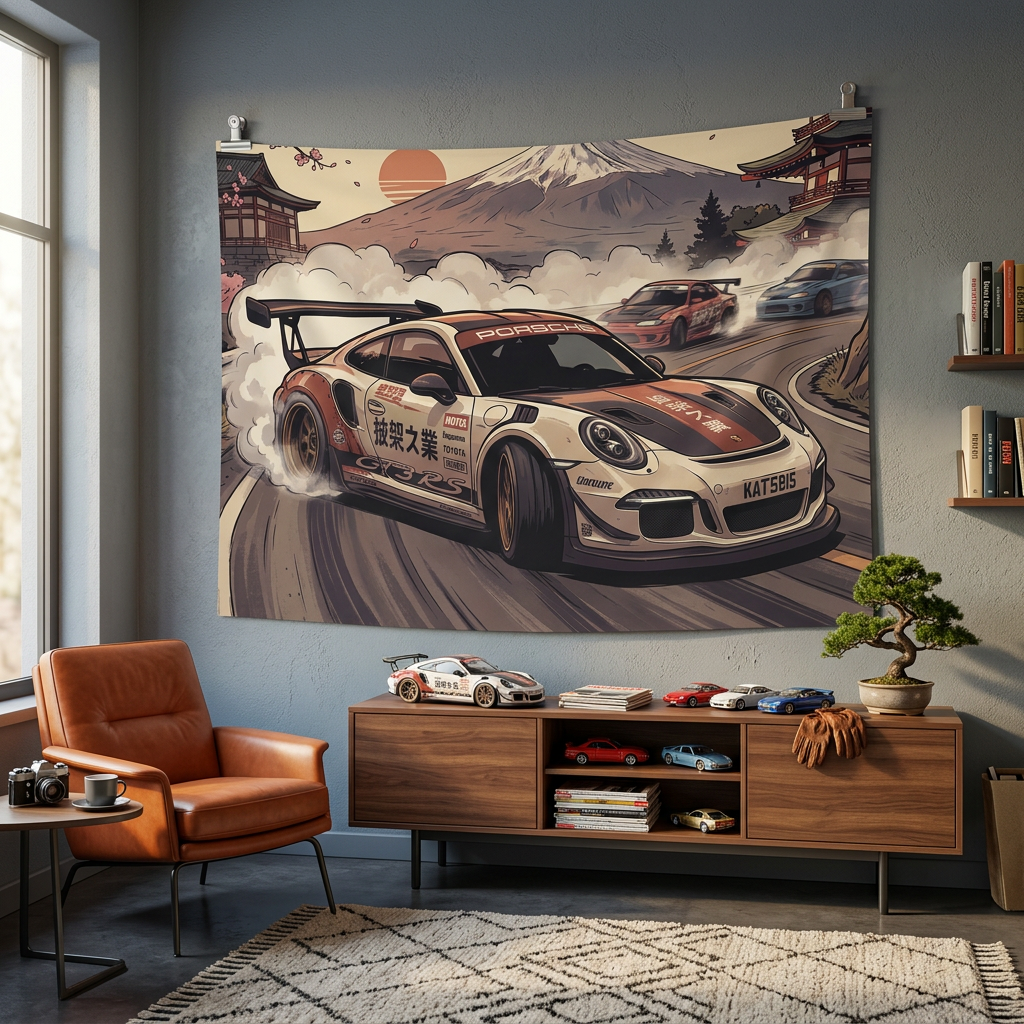 Porsche 911 GT3 RS JDM Drift Car Wall Art Tapestry